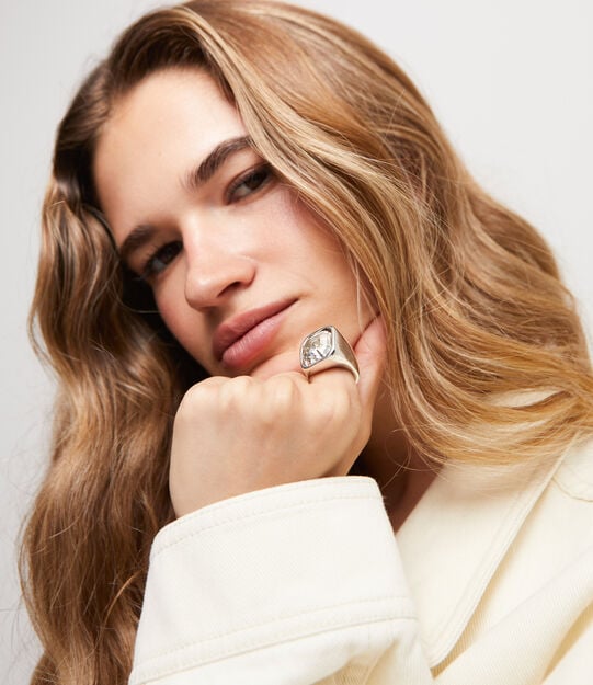 Square shape ring with crystal, Silver, large